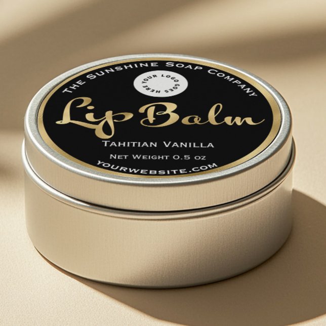 Black and gold foil lip balm label with logo. (Creator Uploaded)