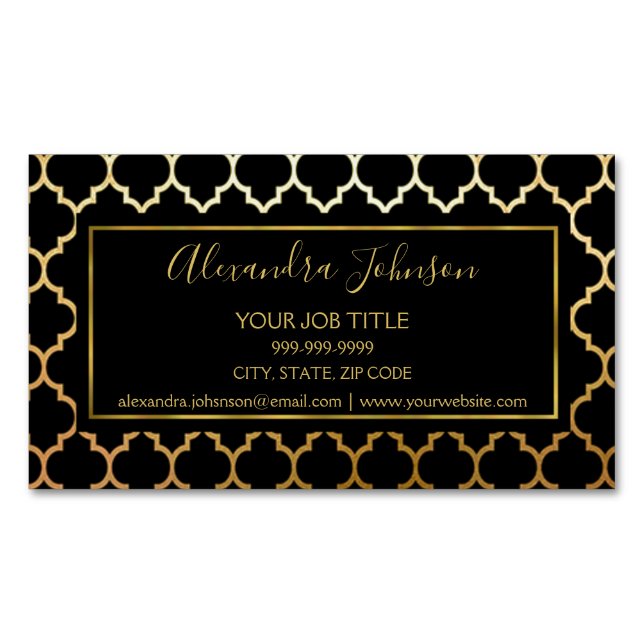 Black and Gold Foil Modern Art Deco Pattern Magnetic Business Card (Front)