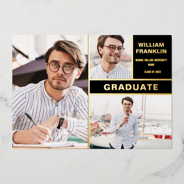 Black And Gold Foil Photo Graduation Announcement (Front)