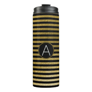 Black and Gold Foil Stripe Pattern Monogram Thermal Tumbler