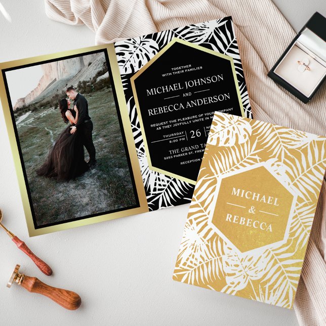 Black and Gold Foil Tropical Palm Wedding Invite (Creator Uploaded)
