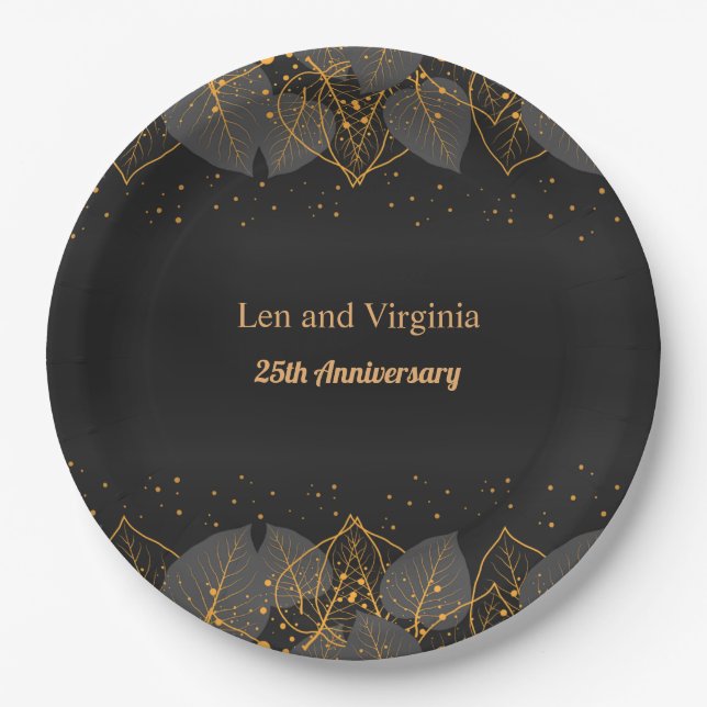 Black and Gold Foliage Borders template Paper Plate (Front)