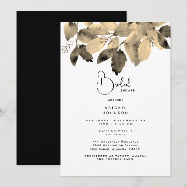 Black and Gold Foliage Bridal Shower  Invitation (Front/Back)