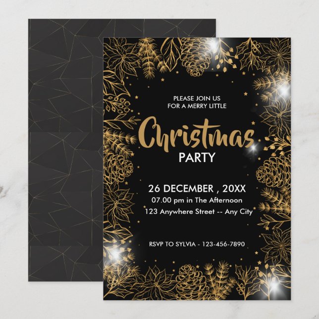 Black And Gold Foliage Merry Christmas Party Invitation (Front/Back)