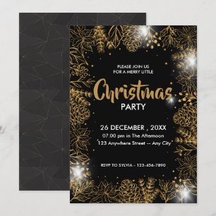 Black And Gold Foliage Merry Christmas Party Invitation