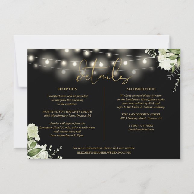 Black And Gold Foliage Wedding Details Information Invitation (Front)