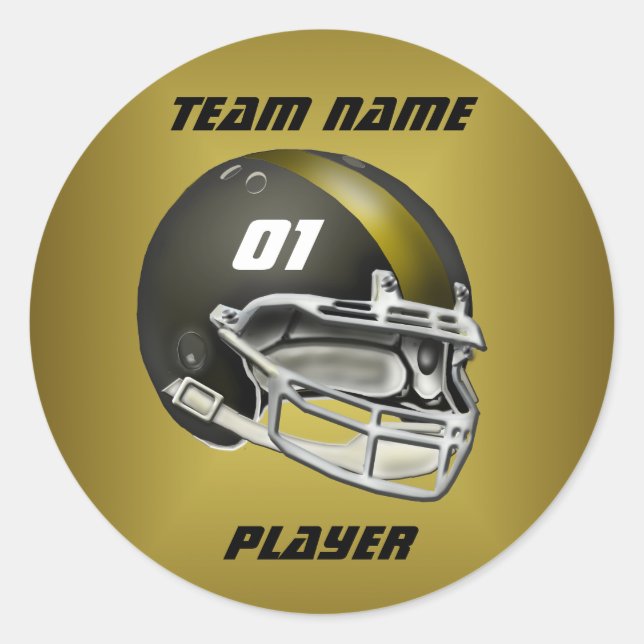 Black and Gold Football Helmet Classic Round Sticker (Front)