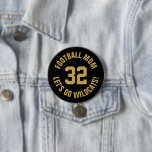 Black and Gold Football Mum Jersey Number 7.5 Cm Round Badge<br><div class="desc">Cheer on your favourite sports team, football player or just show off your school pride with a custom personalised spirit button! Add your school name or personalise with a player's name and jersey number. Perfect for football, basketball, baseball and soccer games! Create custom pins for the whole team, cheerleaders, parents...</div>
