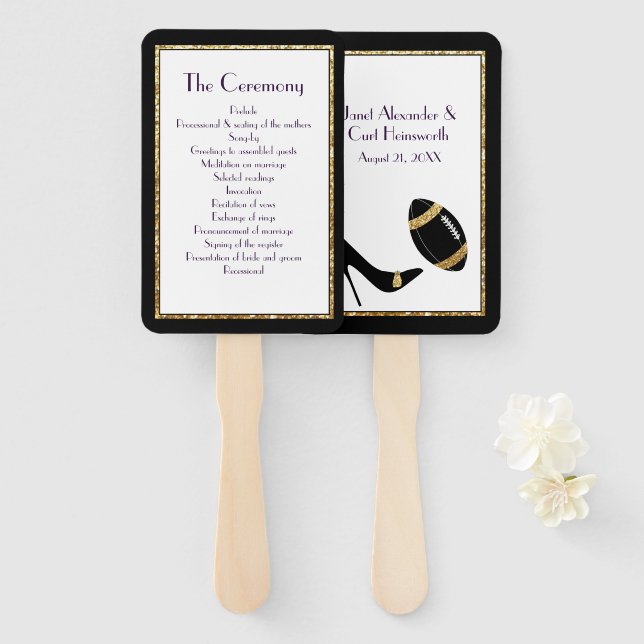 Black and Gold Football Wedding Program Fan (Front and Back)