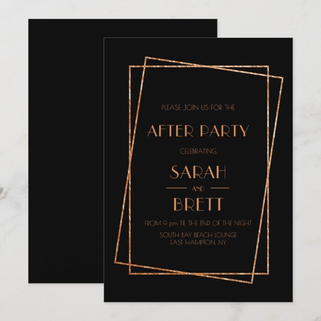 Black and gold frame art deco wedding after party invitation (Front/Back)