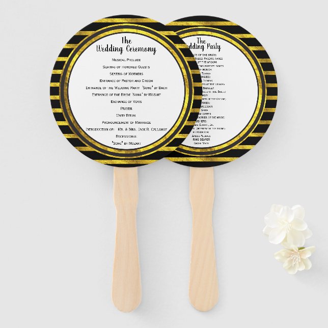Black and Gold Frame Wedding Program Fan (Front and Back)
