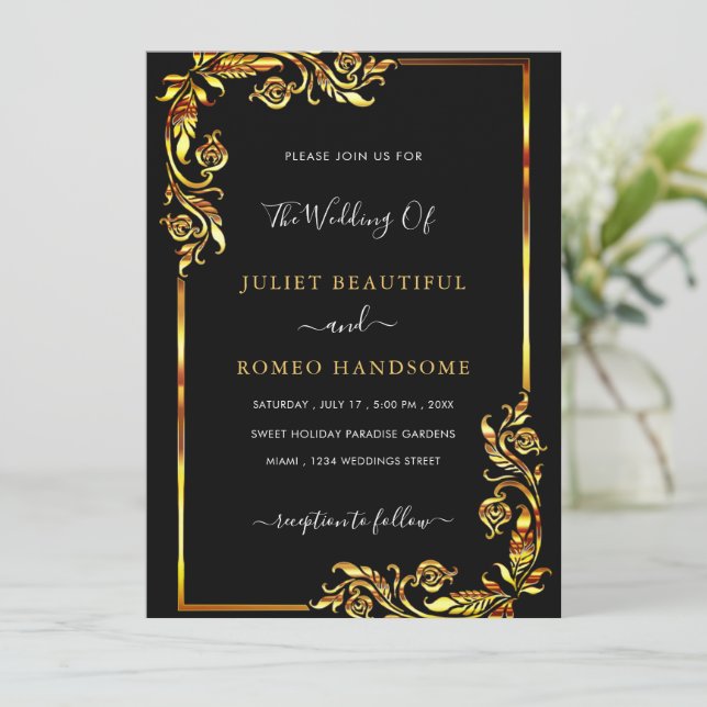 Black and Gold Framed Wedding Invitation (Standing Front)