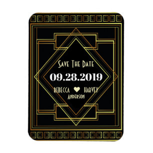 black and gold gatsby wedding save the date magnet