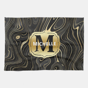 Black and Gold Geode Strata Textures Tea Towel