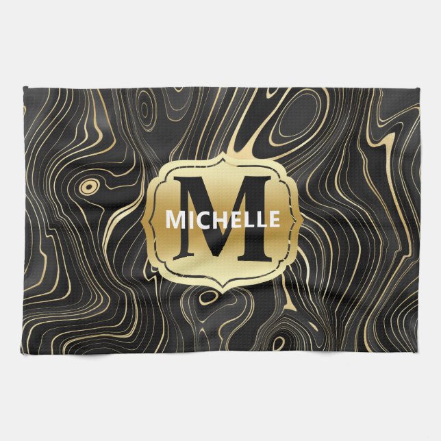 Black and Gold Geode Strata Textures Tea Towel (Horizontal)