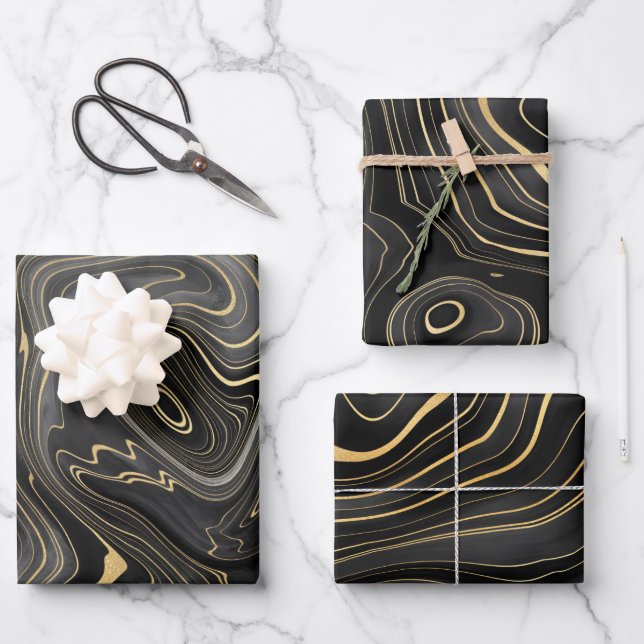 Black and Gold Geode Strata Textures Wrapping Paper Sheet (Front)