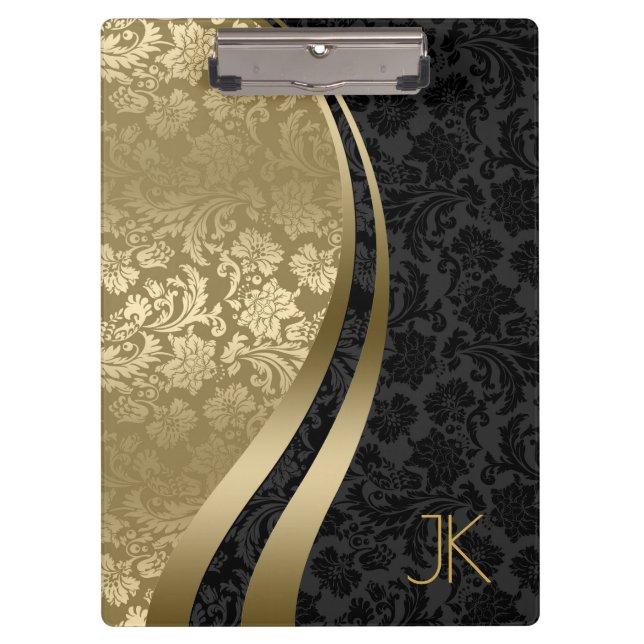 Black And Gold Geometric Floral Damasks Clipboard (Front)