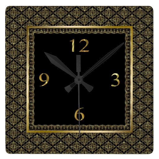 Image of Black And Gold Geometric Pattern Damasks Square Wall Clock
