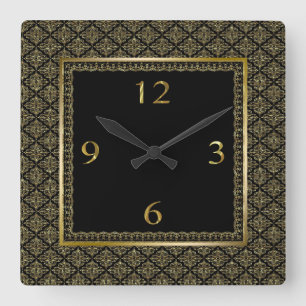 Black And Gold Geometric Pattern Damasks Square Wall Clock