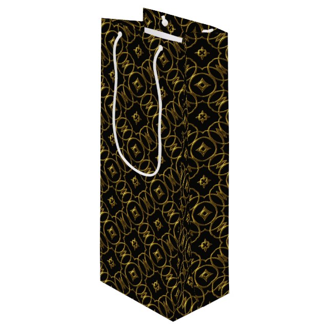 Black and Gold Geometric Pattern Shiny Elegant Wine Gift Bag (Front Angled)