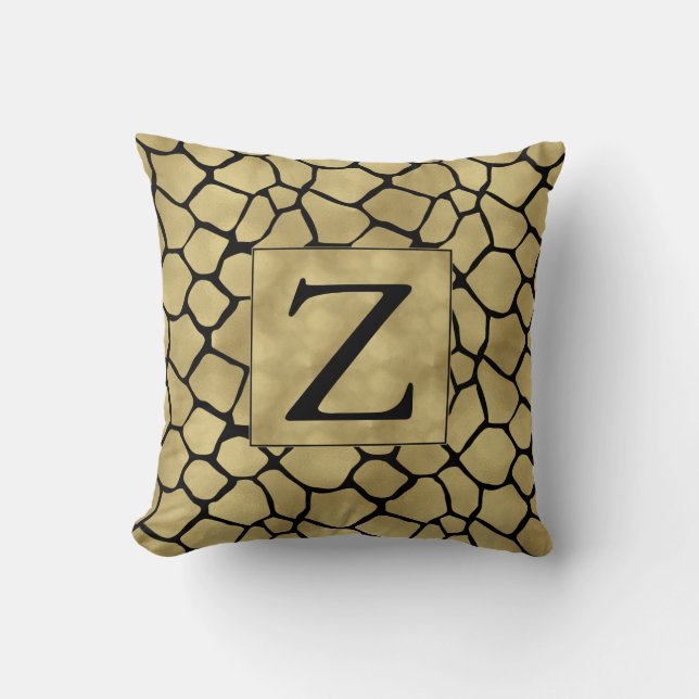 Black and Gold Giraffe Print Monogram Cushion (Front)