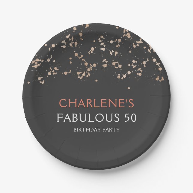 Black and Gold Girly Fabulous 50 Birthday Paper Plate (Front)