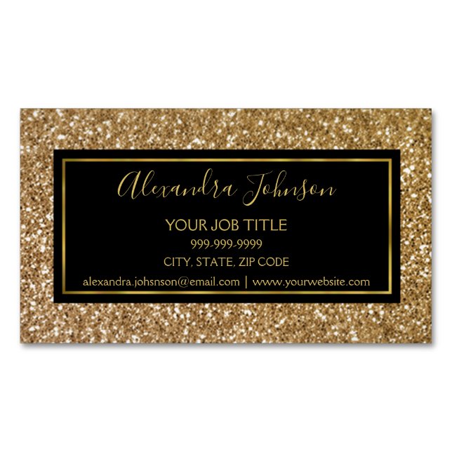 Black and Gold Girly Sparkle Glitter Salon Magnetic Business Card (Front)