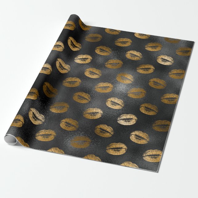 Black and Gold Glam Lips Pattern Wrapping Paper (Unrolled)