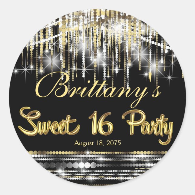 Black and Gold Glam Sweet 16 Classic Round Sticker (Front)