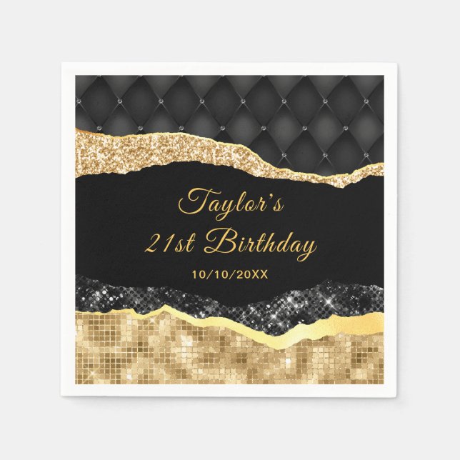 Black and Gold Glam Tears Birthday Party Napkin (Front)