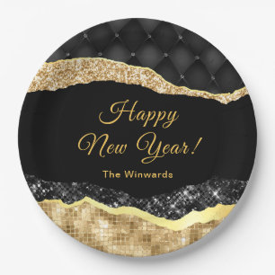 Black and Gold Glam Tears Happy New Year Paper Plate