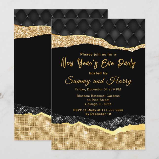 Black and Gold Glam Tears New Year's Eve Party Invitation (Front/Back)