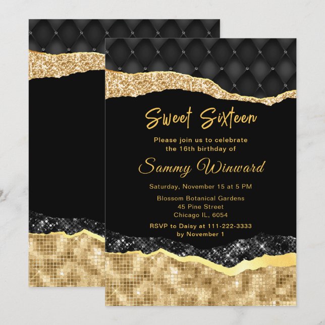 Black and Gold Glam Tears Sweet Sixteen Invitation (Front/Back)