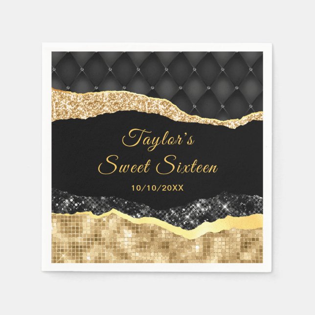 Black and Gold Glam Tears Sweet Sixteen Napkin (Front)