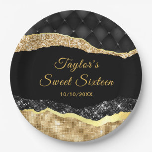 Black and Gold Glam Tears Sweet Sixteen Paper Plate