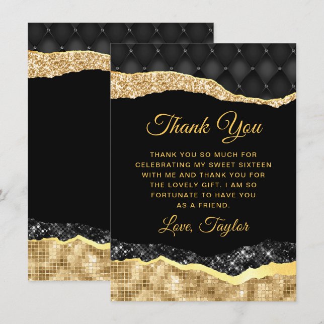 Black and Gold Glam Tears Sweet Sixteen Thank You Card (Front/Back)