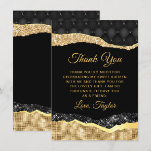 Black and Gold Glam Tears Sweet Sixteen Thank You Card