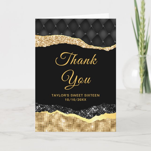 Black and Gold Glam Tears Sweet Sixteen Thank You Card (Front)