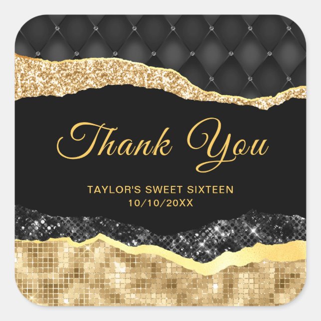Black and Gold Glam Tears Sweet Sixteen Thank You Square Sticker (Front)