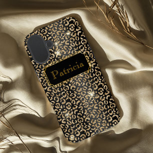 Black and Gold glamourous lepard glitter print iPhone 16 Plus Case