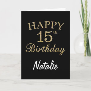 Black and Gold Glitter 15th Birthday Card