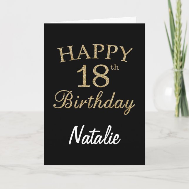 Black and Gold Glitter 18th Birthday Card (Front)