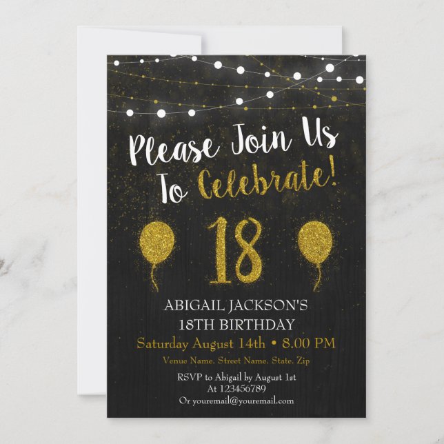 Black And Gold Glitter 18th Birthday Invitation (Front)