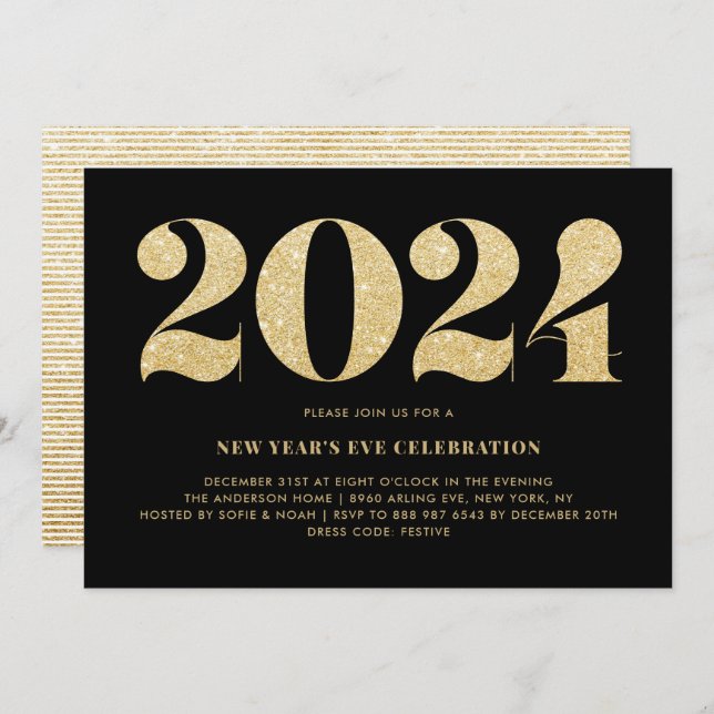 Black and Gold Glitter 2024 New Year's Eve Party Invitation (Front/Back)