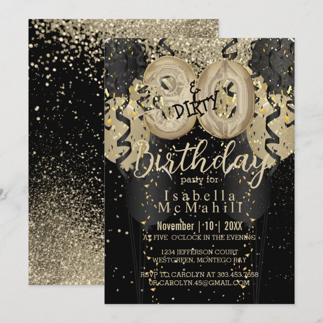 Black and Gold Glitter & 30 Dirty Birthday Invitation (Front/Back)