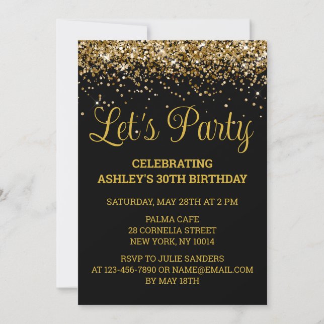 Black and Gold Glitter 30th Birthday Let's Party Invitation (Front)
