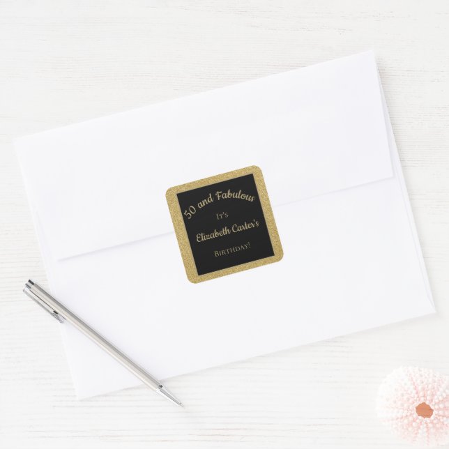 Black and Gold Glitter 50 and Fabulous Birthday  Square Sticker (Envelope)
