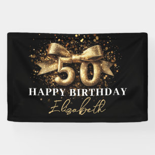 Black and Gold Glitter 50 Happy Birthday Party Banner