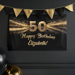 Black and Gold Glitter 50 Happy Birthday Party Banner