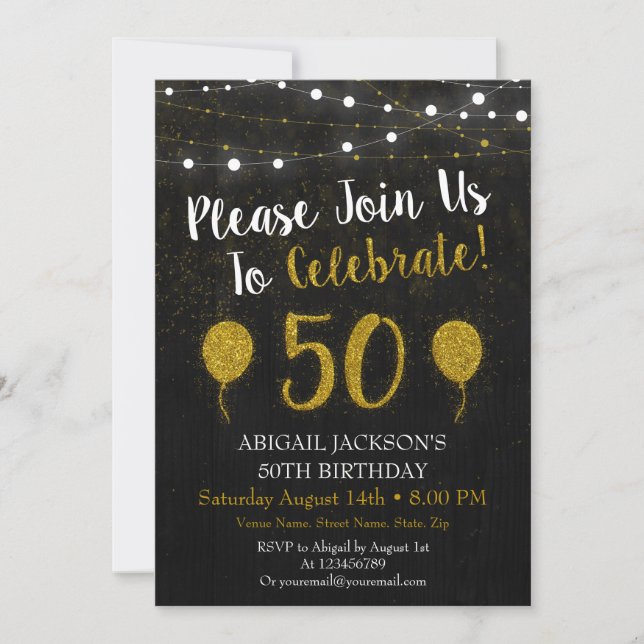 Black And Gold Glitter 50th Birthday Invitation (Front)